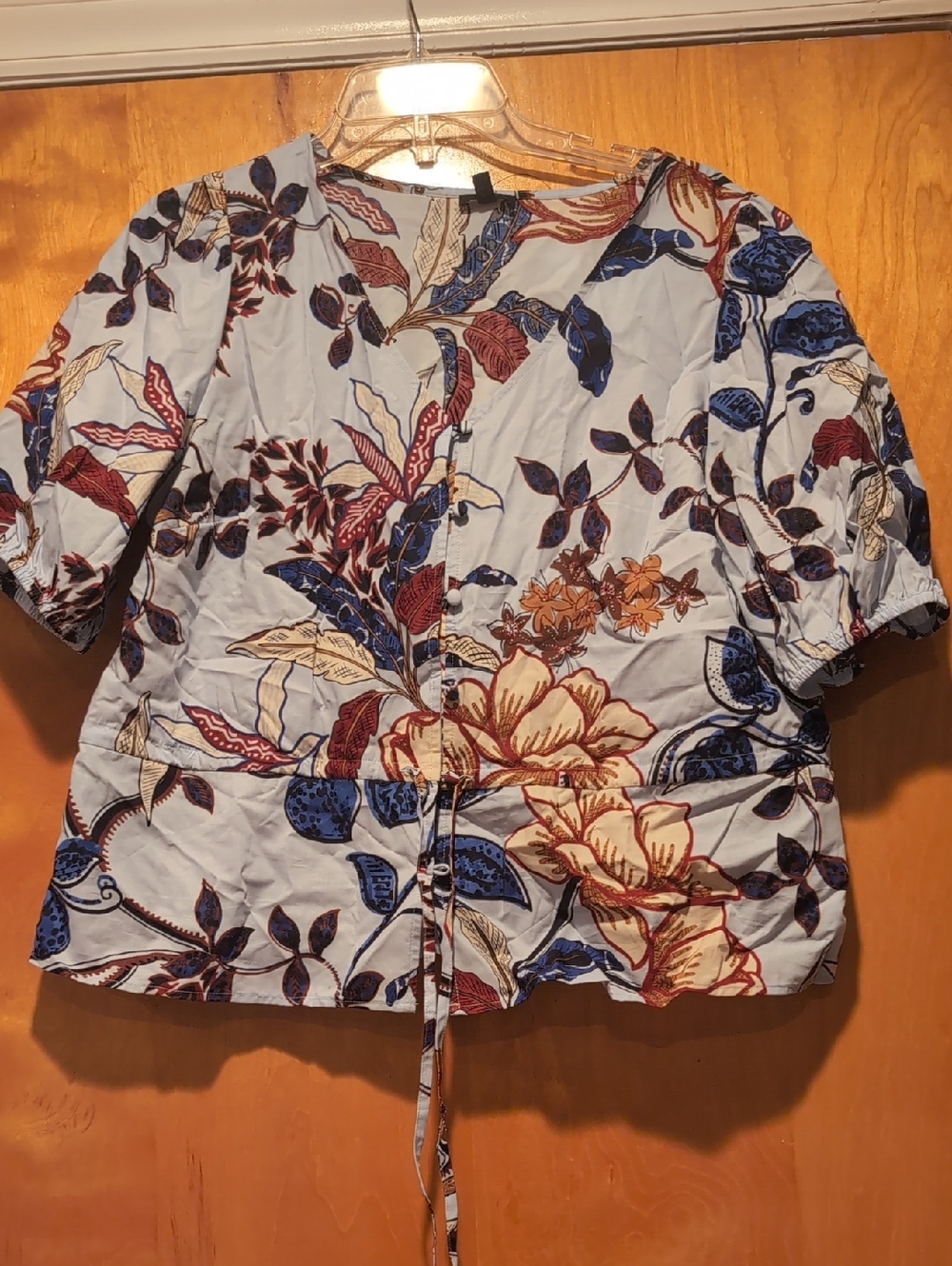 Talbots Blue Floral Tie-Front Short Sleeve Blouse